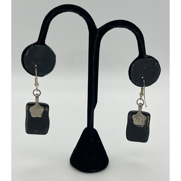 Fused Glass Dangle Earrings Blues Black Rectangles 2" Pierced - Picture 4 of 9